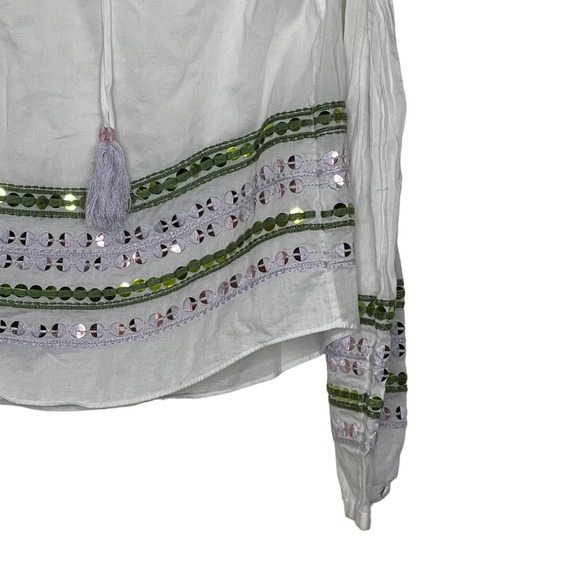 Tory Burch Blouse Size 2 White With Green Pink Sequin 100% Cotton LS Tasseled‎ - Picture 3 of 6